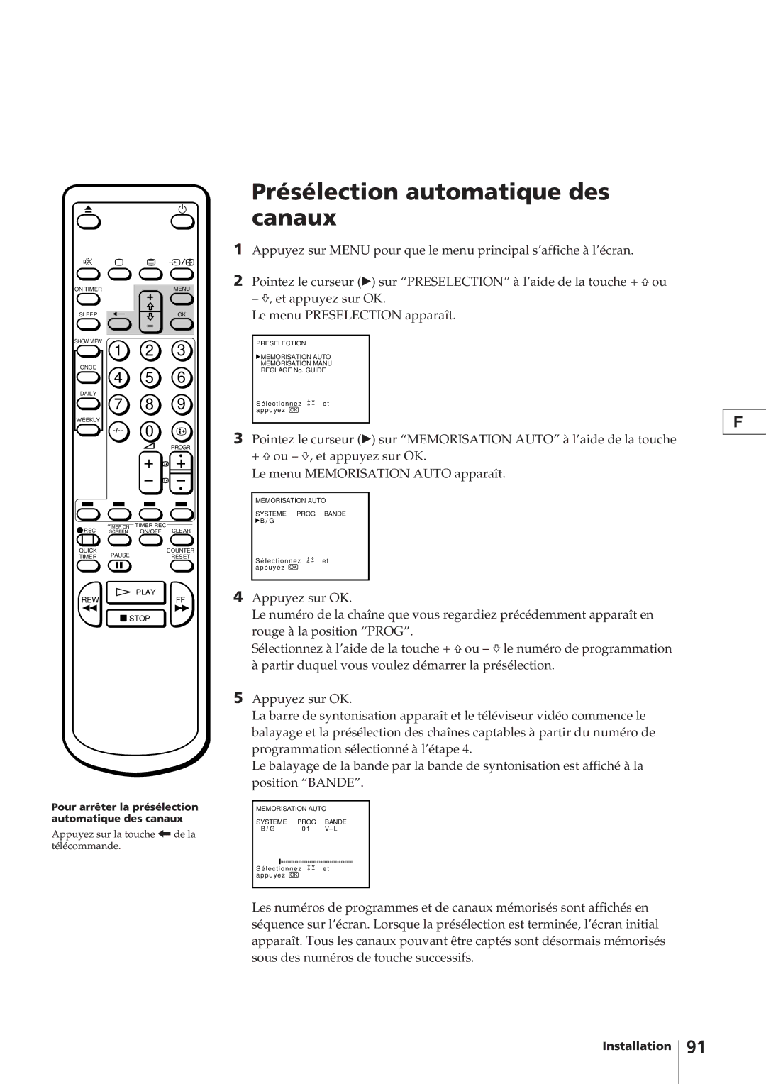 Sony KV-14V4D operating instructions Présélection automatique des canaux 