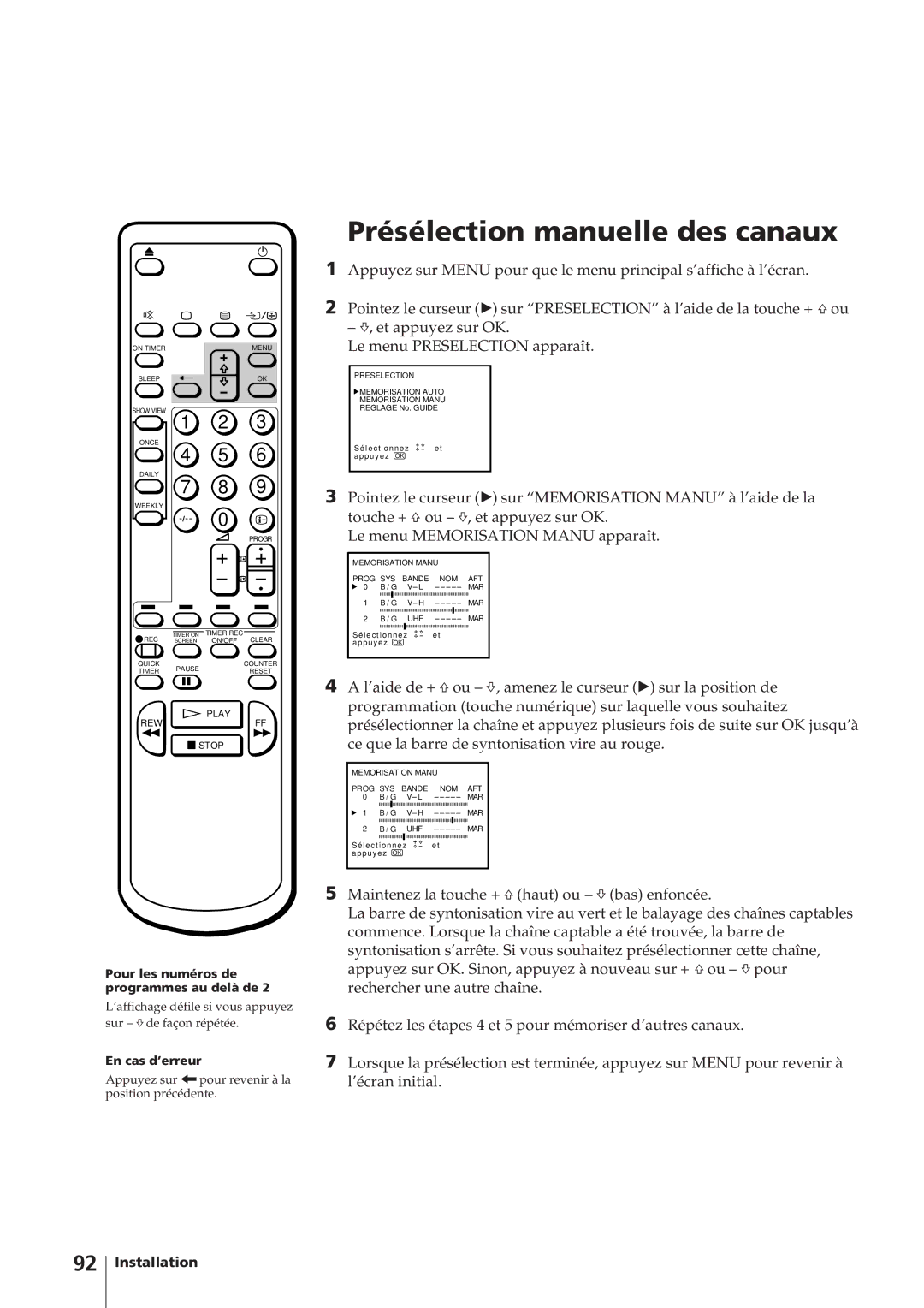 Sony KV-14V4D operating instructions Présélection manuelle des canaux 