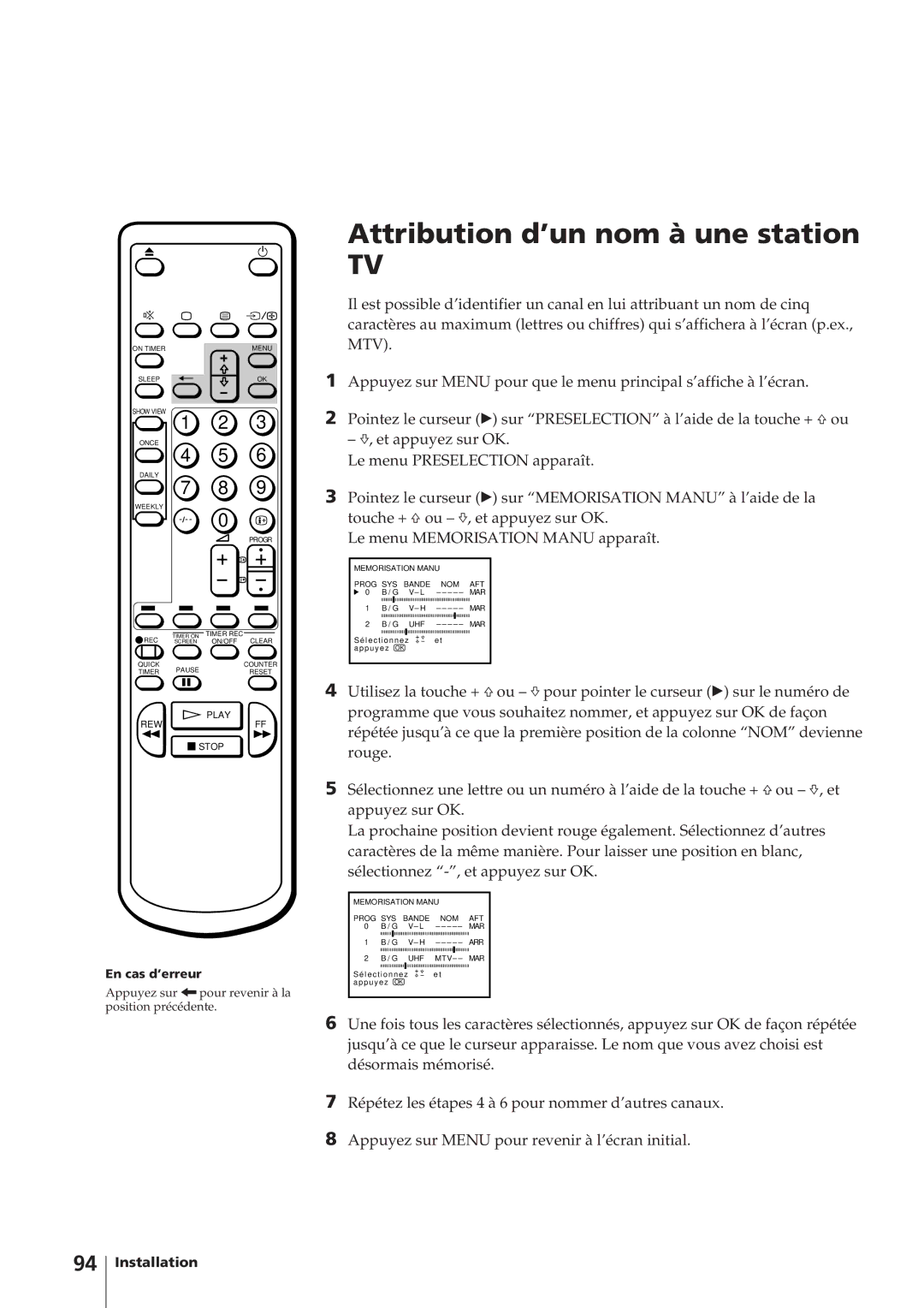 Sony KV-14V4D operating instructions Attribution d’un nom à une station 