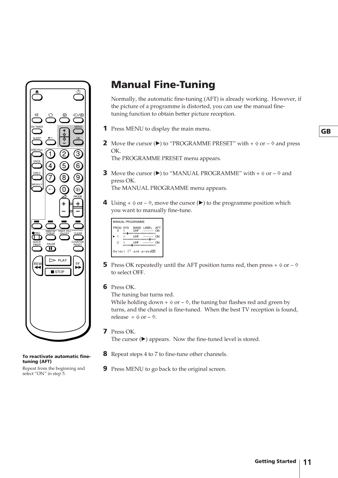 Sony KV-14V4U operating instructions To reactivate automatic fine- tuning AFT 