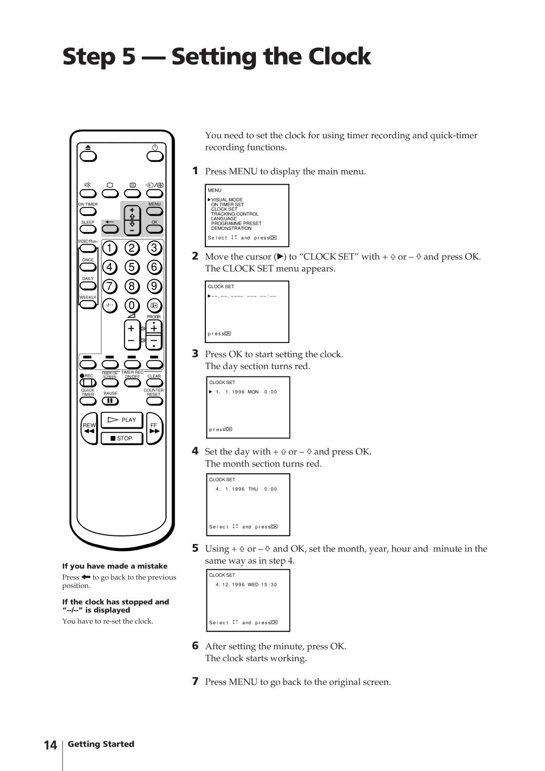 Sony KV-14V4U operating instructions Setting the Clock 