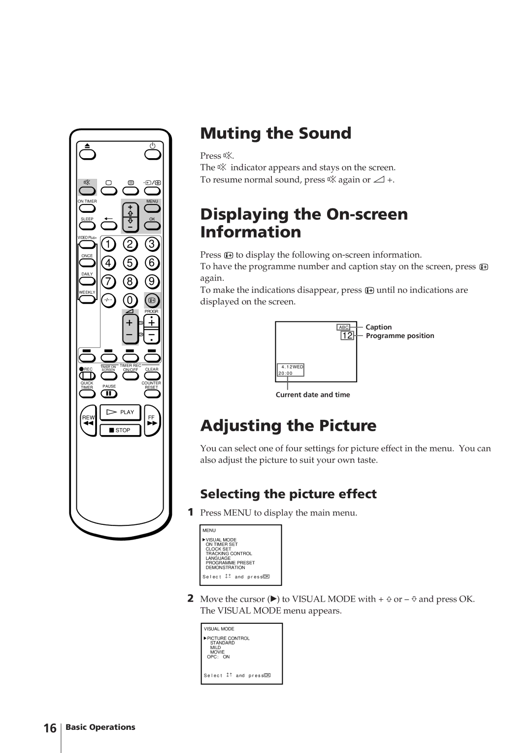 Sony KV-14V4U Muting the Sound, Displaying the On-screen Information, Adjusting the Picture, Selecting the picture effect 