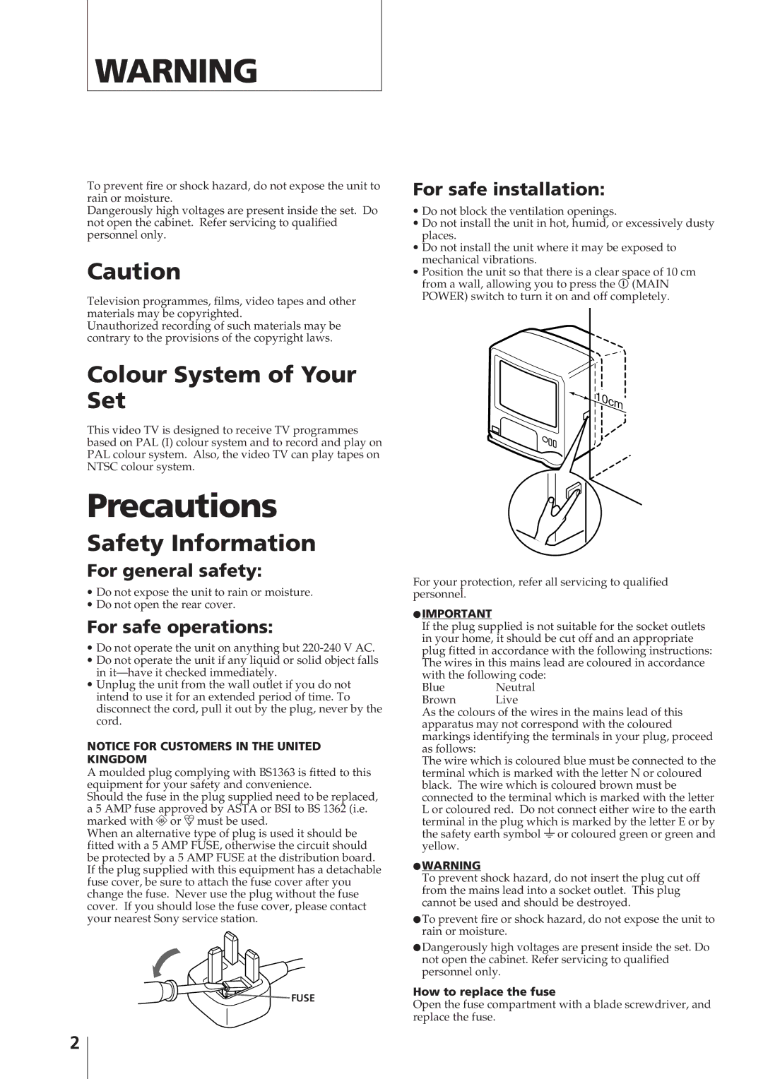 Sony KV-14V4U operating instructions Precautions, Colour System of Your Set, Safety Information 