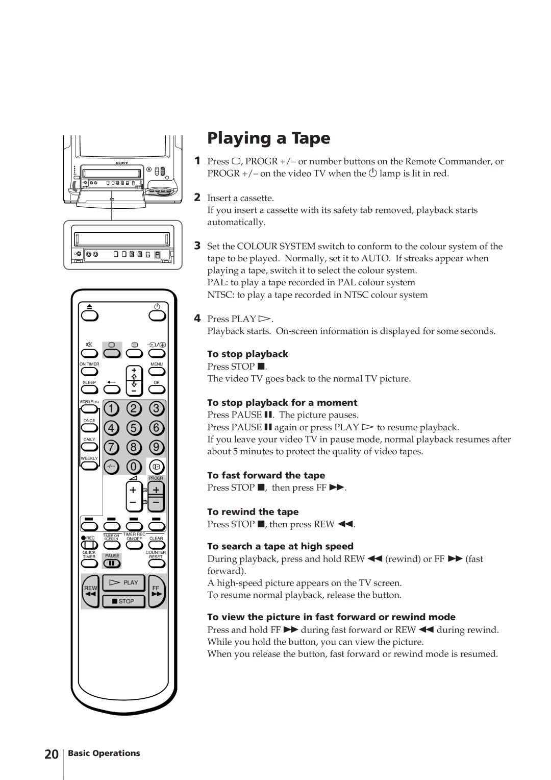 Sony KV-14V4U operating instructions Playing a Tape 