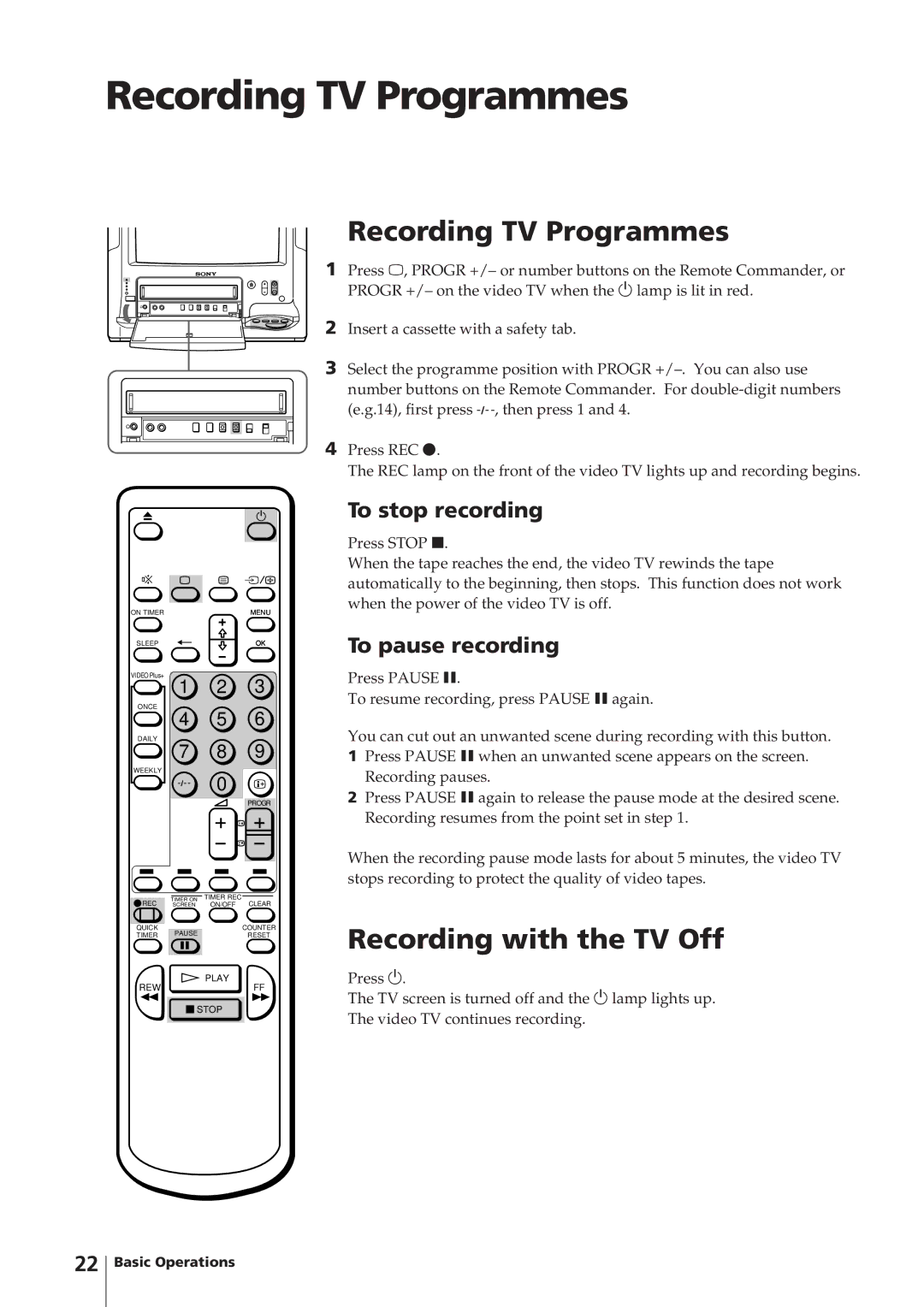 Sony KV-14V4U Recording TV Programmes, Recording with the TV Off, To stop recording, To pause recording 