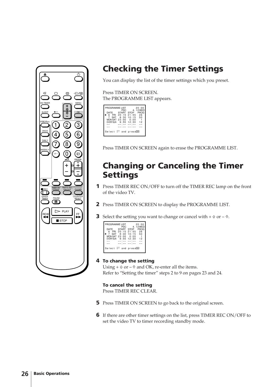 Sony KV-14V4U operating instructions Checking the Timer Settings, Fri Sat 