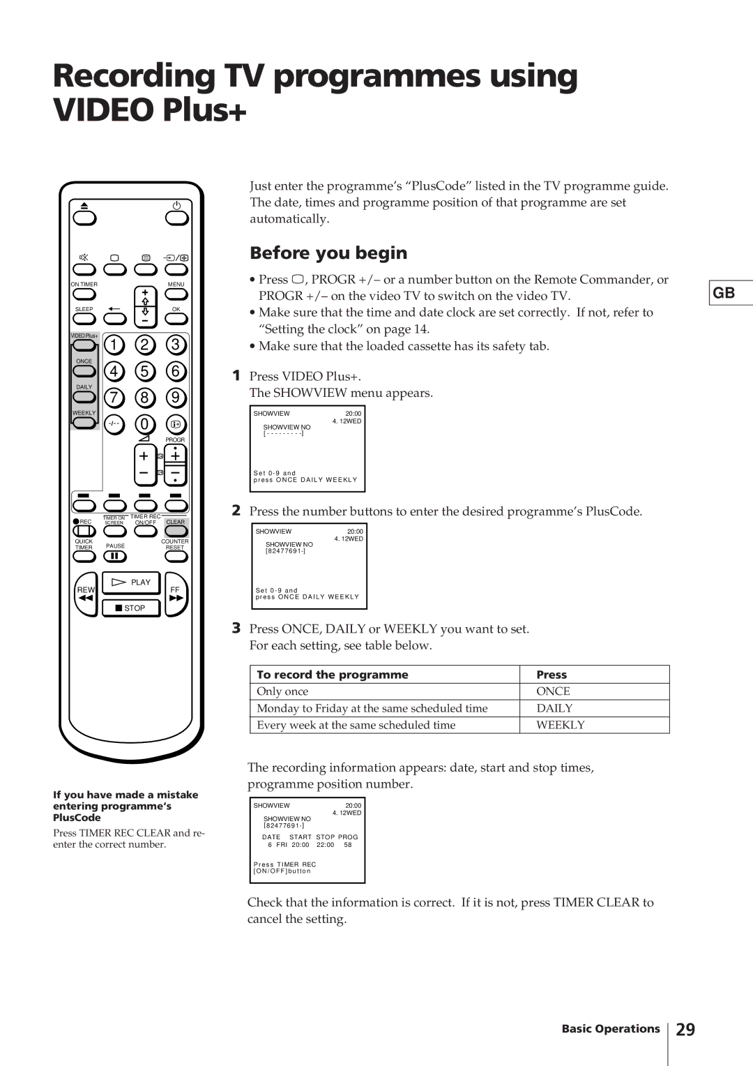 Sony KV-14V4U operating instructions Recording TV programmes using Video Plus+, To record the programme Press 