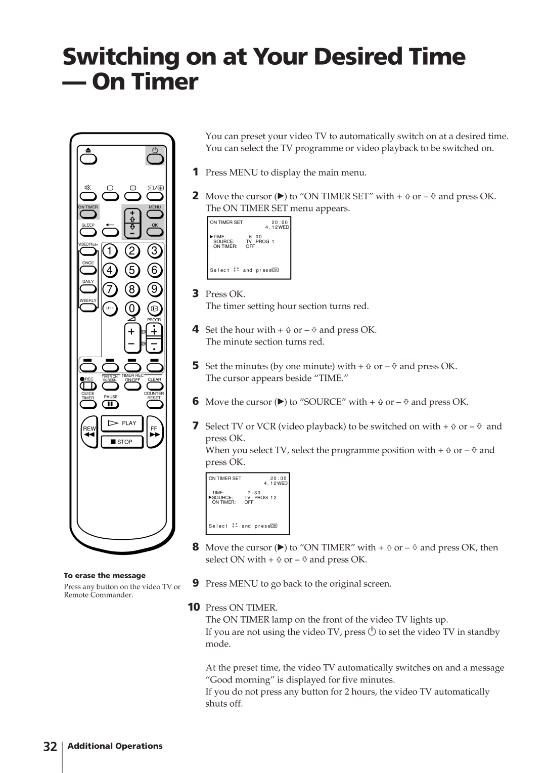 Sony KV-14V4U operating instructions Switching on at Your Desired Time On Timer 