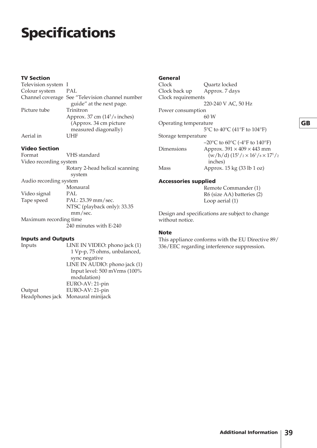 Sony KV-14V4U operating instructions Specifications 