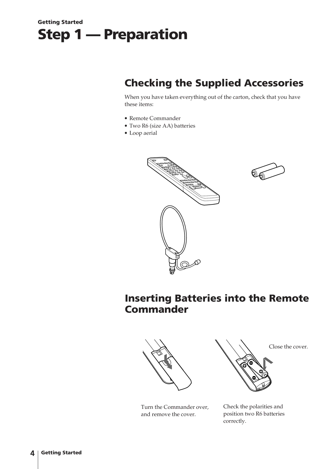 Sony KV-14V4U Preparation, Checking the Supplied Accessories, Inserting Batteries into the Remote Commander 