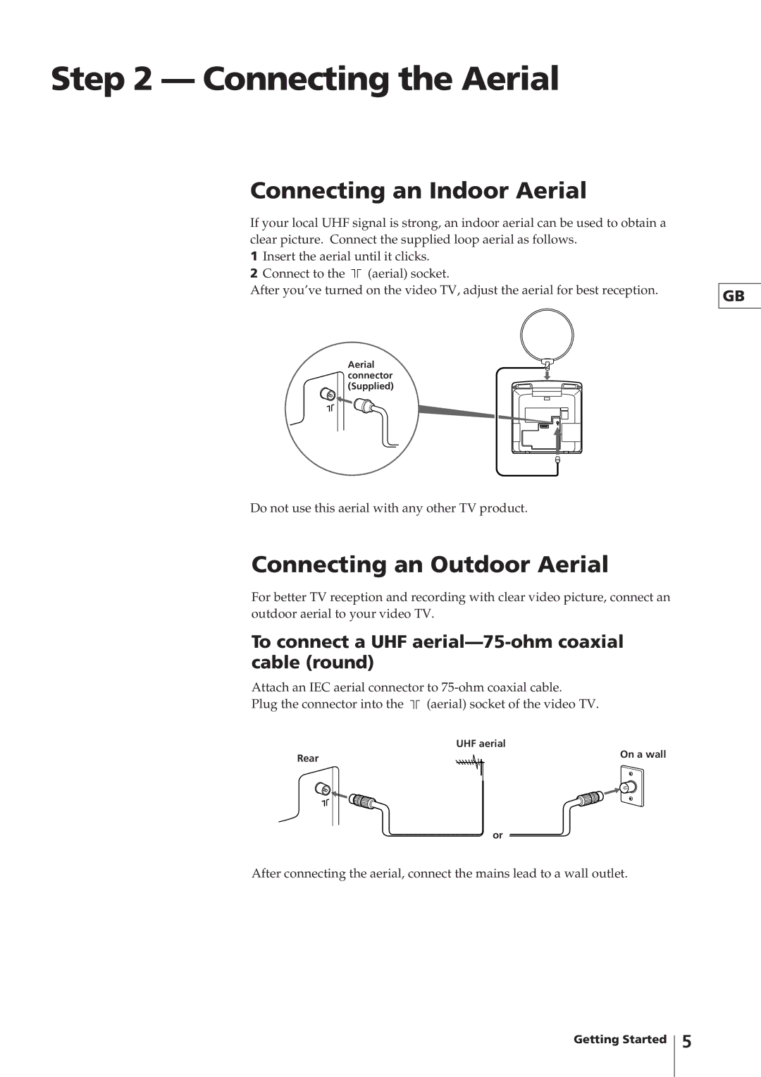 Sony KV-14V4U operating instructions Connecting the Aerial, Connecting an Indoor Aerial, Connecting an Outdoor Aerial 