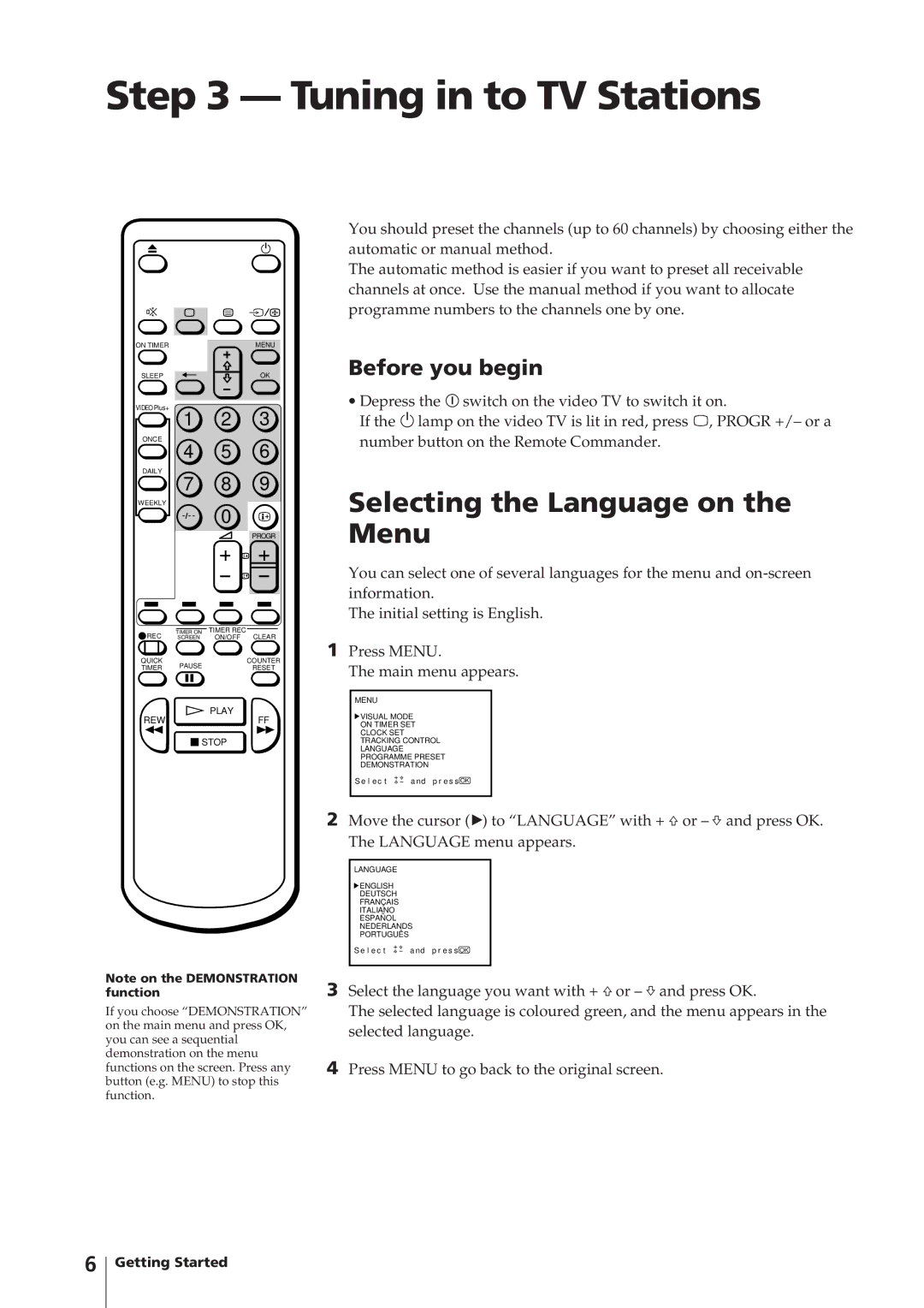 Sony KV-14V4U operating instructions Tuning in to TV Stations, Selecting the Language on the Menu, Before you begin 