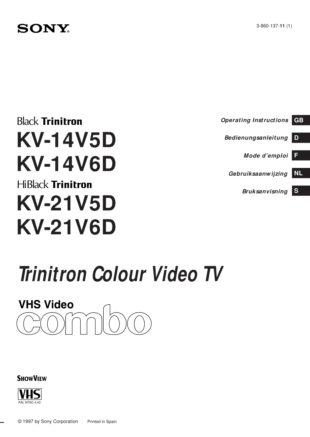 Sony KV-21V6D, KV-14V6D, KV-14V5D, KV-21V5D operating instructions Trinitron Colour Video TV 