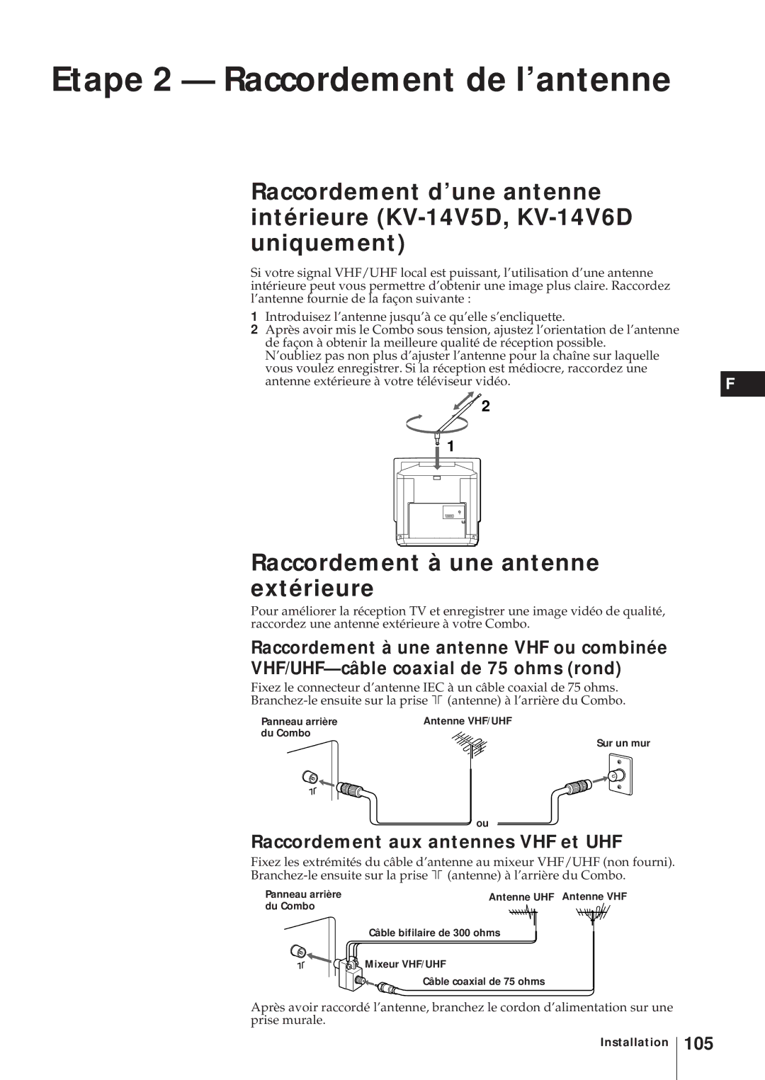 Sony KV-21V6D, KV-14V6D, KV-14V5D, KV-21V5D Etape 2 Raccordement de l’antenne, Raccordement à une antenne extérieure, 105 