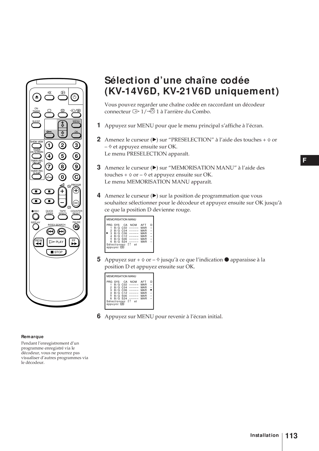 Sony KV-14V5D, KV-21V5D operating instructions Sélection d’une chaîne codée KV-14V6D, KV-21V6D uniquement, 113 