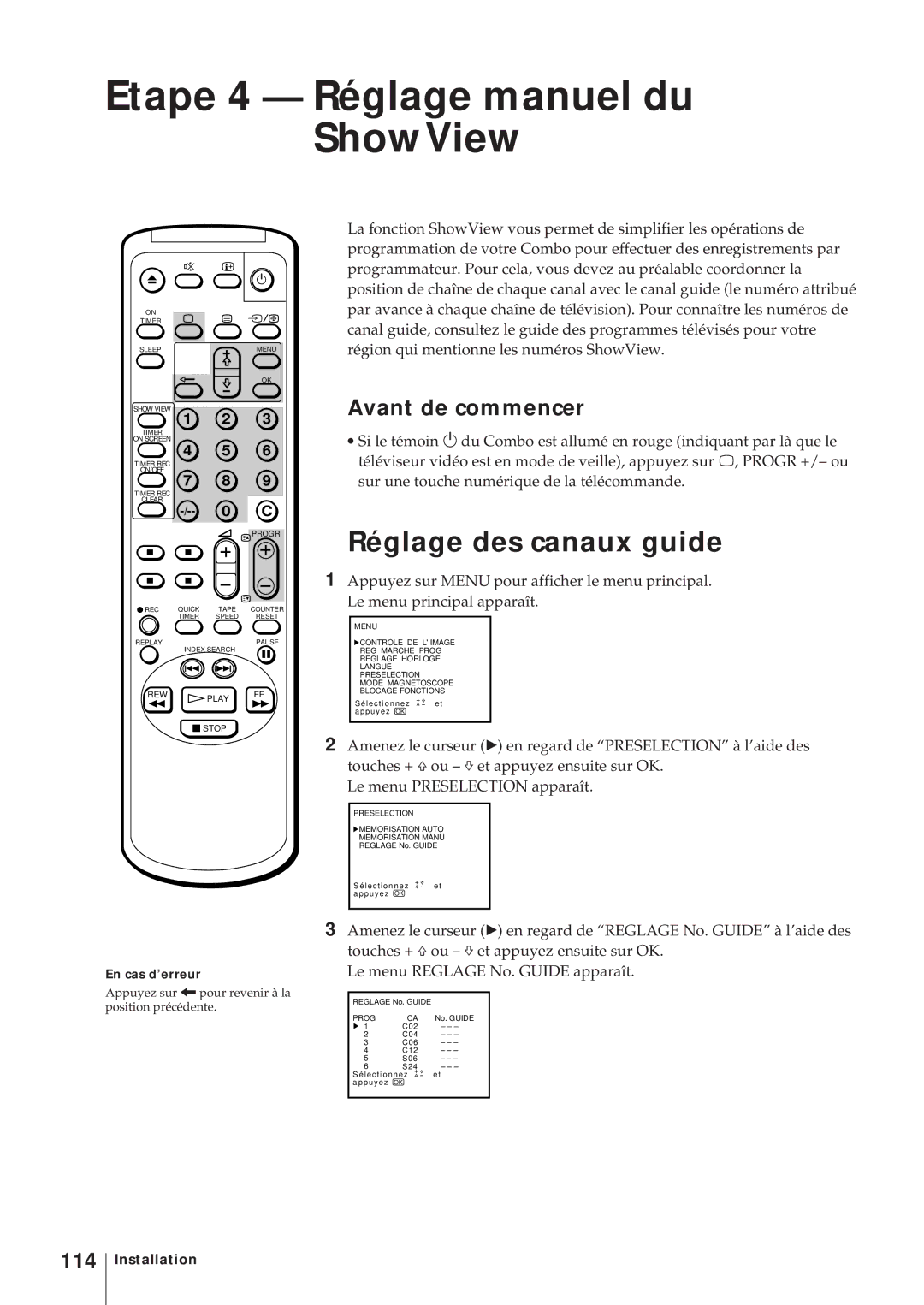 Sony KV-14V5D, KV-14V6D, KV-21V6D, KV-21V5D Etape 4 Réglage manuel du ShowView, Réglage des canaux guide, 114 