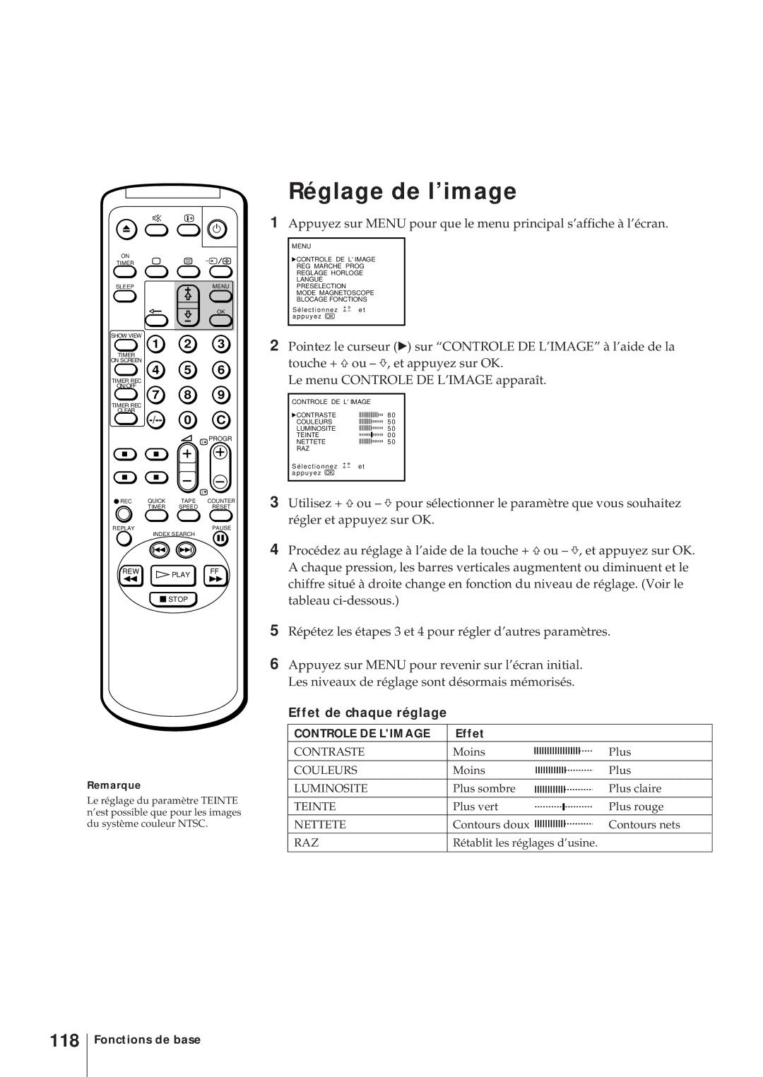 Sony KV-14V5D, KV-14V6D, KV-21V6D, KV-21V5D operating instructions Réglage de l’image, 118, Effet de chaque réglage 