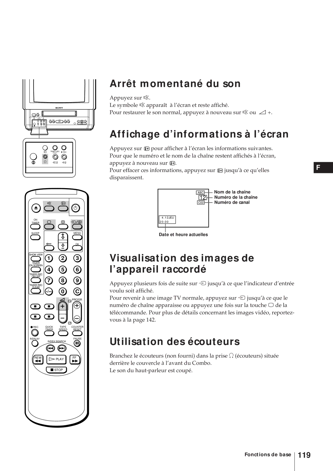 Sony KV-21V5D Arrêt momentané du son, Affichage d’informations à l’écran, Visualisation des images de l’appareil raccordé 