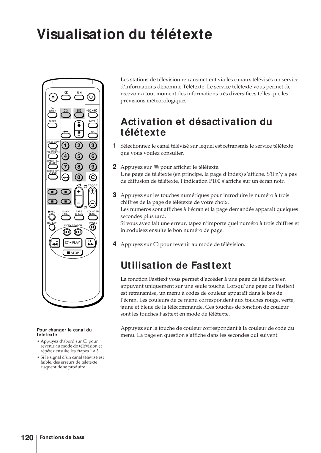 Sony KV-14V6D, KV-21V6D Visualisation du télétexte, Activation et désactivation du télétexte, Utilisation de Fasttext, 120 