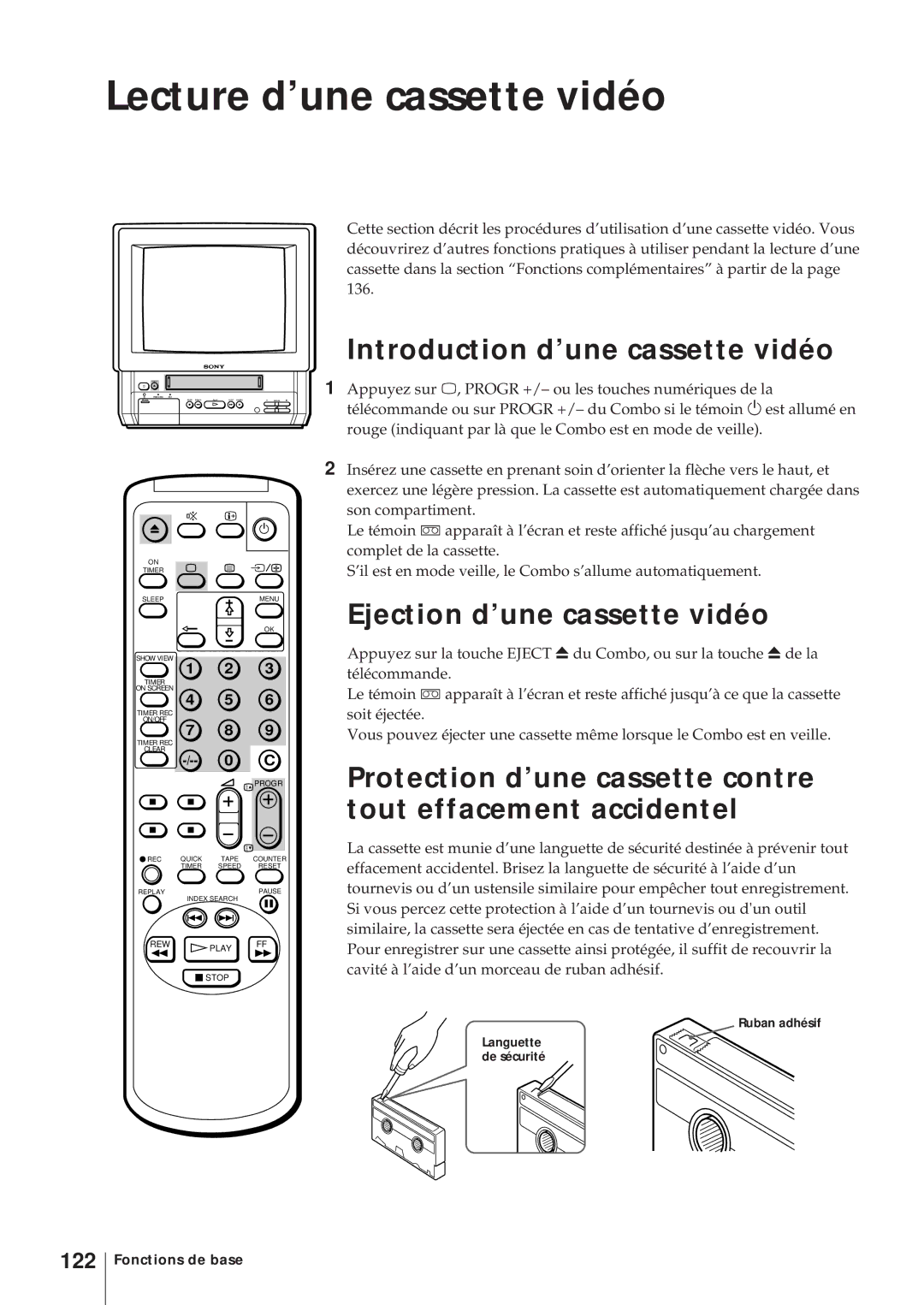 Sony KV-14V5D Lecture d’une cassette vidéo, Introduction d’une cassette vidéo, Ejection d’une cassette vidéo, 122 