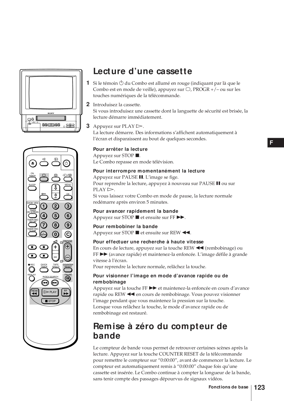 Sony KV-21V5D, KV-14V6D, KV-21V6D, KV-14V5D Lecture d’une cassette, Remise à zéro du compteur de bande, 123 