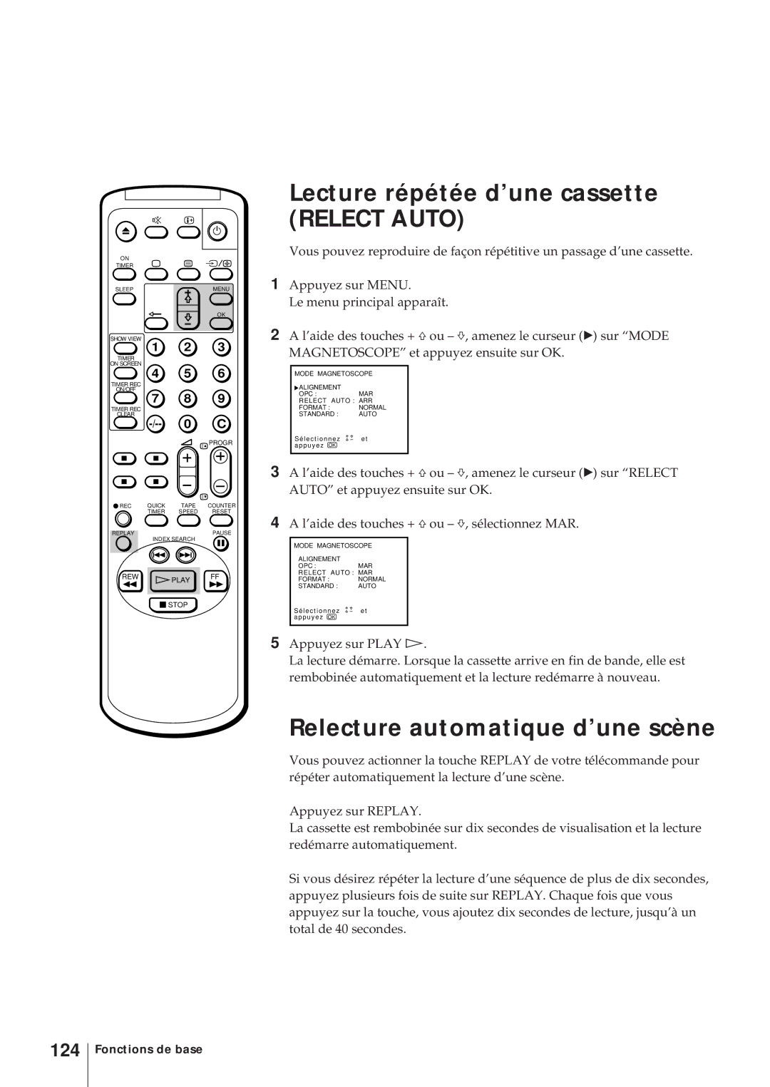 Sony KV-14V6D, KV-21V6D, KV-14V5D, KV-21V5D Lecture répétée d’une cassette, Relecture automatique d’une scène, 124 