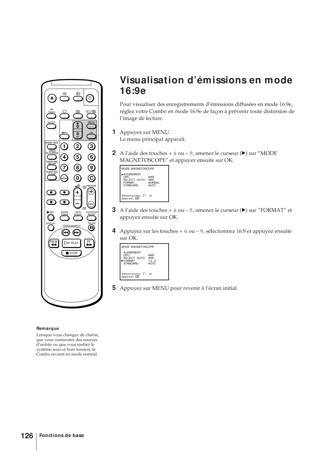 Sony KV-14V5D, KV-14V6D, KV-21V6D, KV-21V5D operating instructions Visualisation d’émissions en mode 169e, 126 