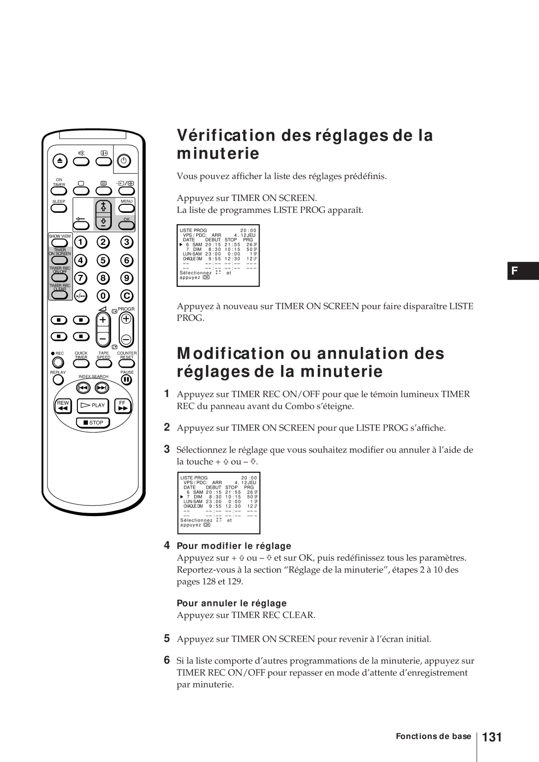 Sony KV-21V5D Vérification des réglages de la minuterie, Modification ou annulation des réglages de la minuterie, 131 