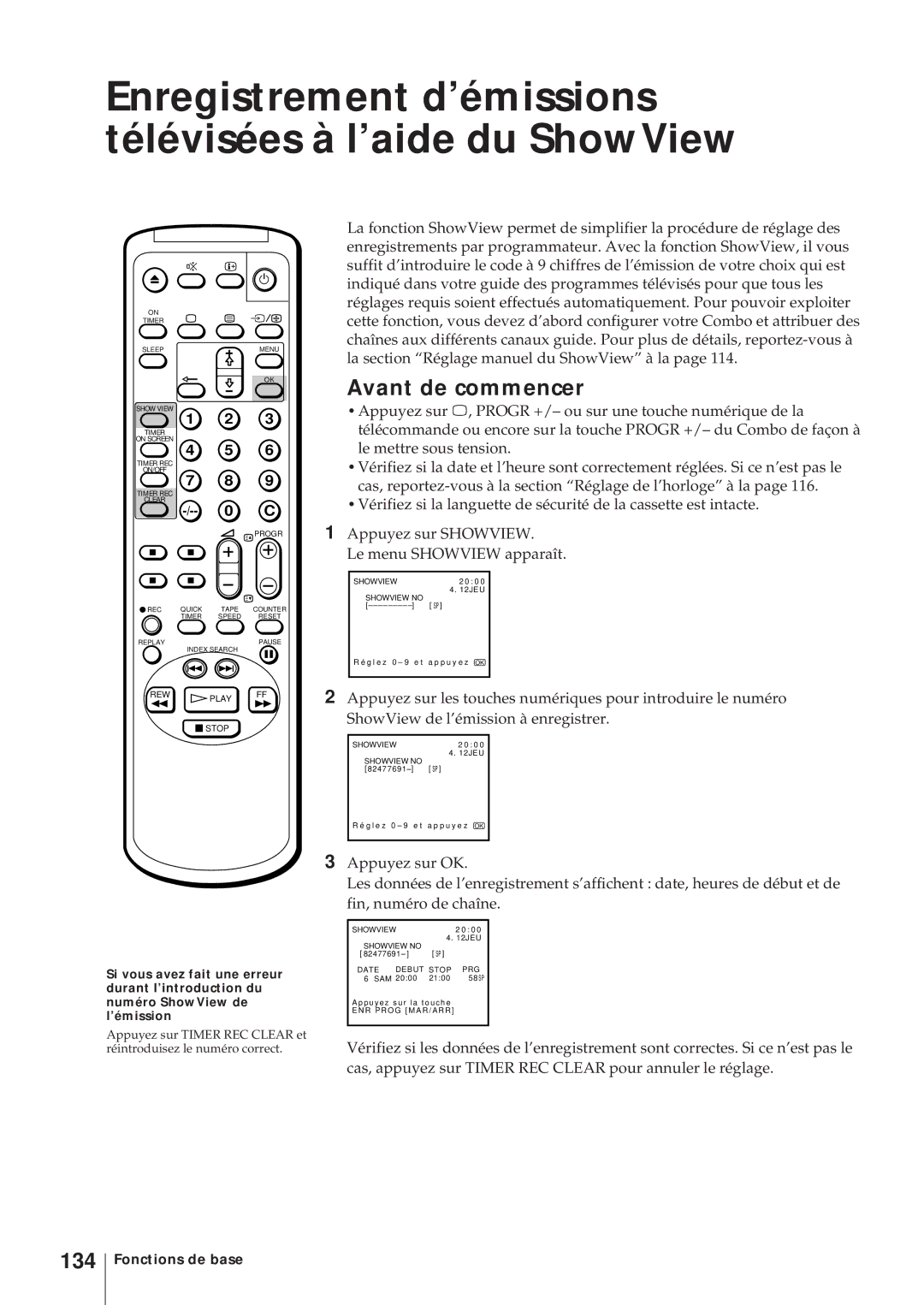 Sony KV-14V5D, KV-14V6D, KV-21V6D, KV-21V5D Enregistrement d’émissions télévisées à l’aide du ShowView, 134 