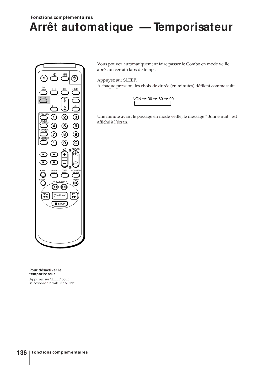 Sony KV-14V6D, KV-21V6D Arrêt automatique Temporisateur, 136, Fonctions complémentaires, Pour désactiver le temporisateur 