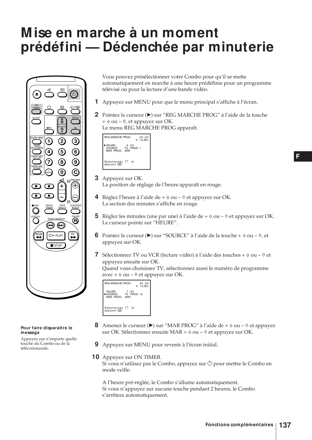 Sony KV-21V6D, KV-14V6D, KV-14V5D, KV-21V5D operating instructions 137, Pour faire disparaître le message 