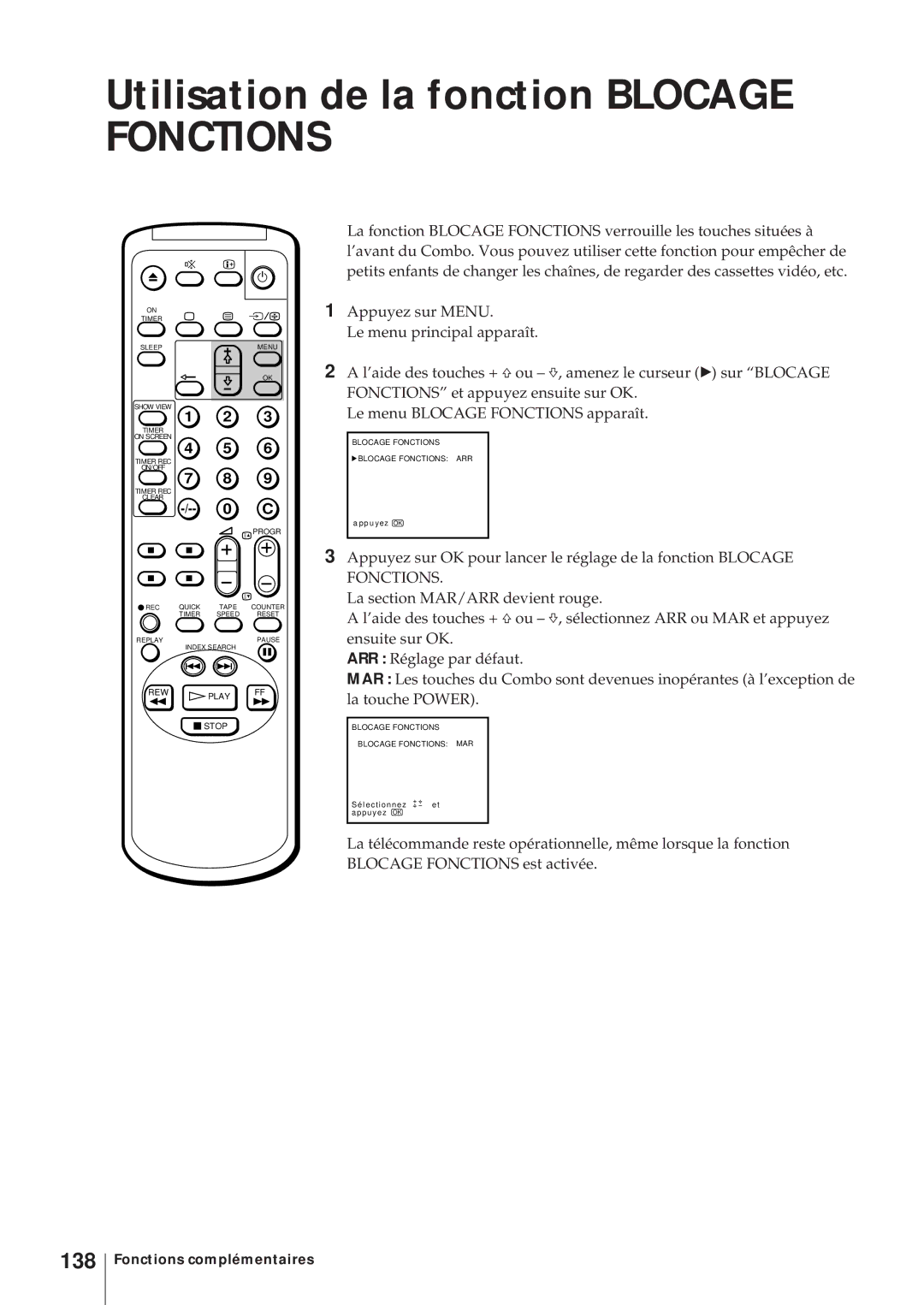 Sony KV-14V5D, KV-14V6D, KV-21V6D, KV-21V5D operating instructions Utilisation de la fonction Blocage Fonctions, 138 