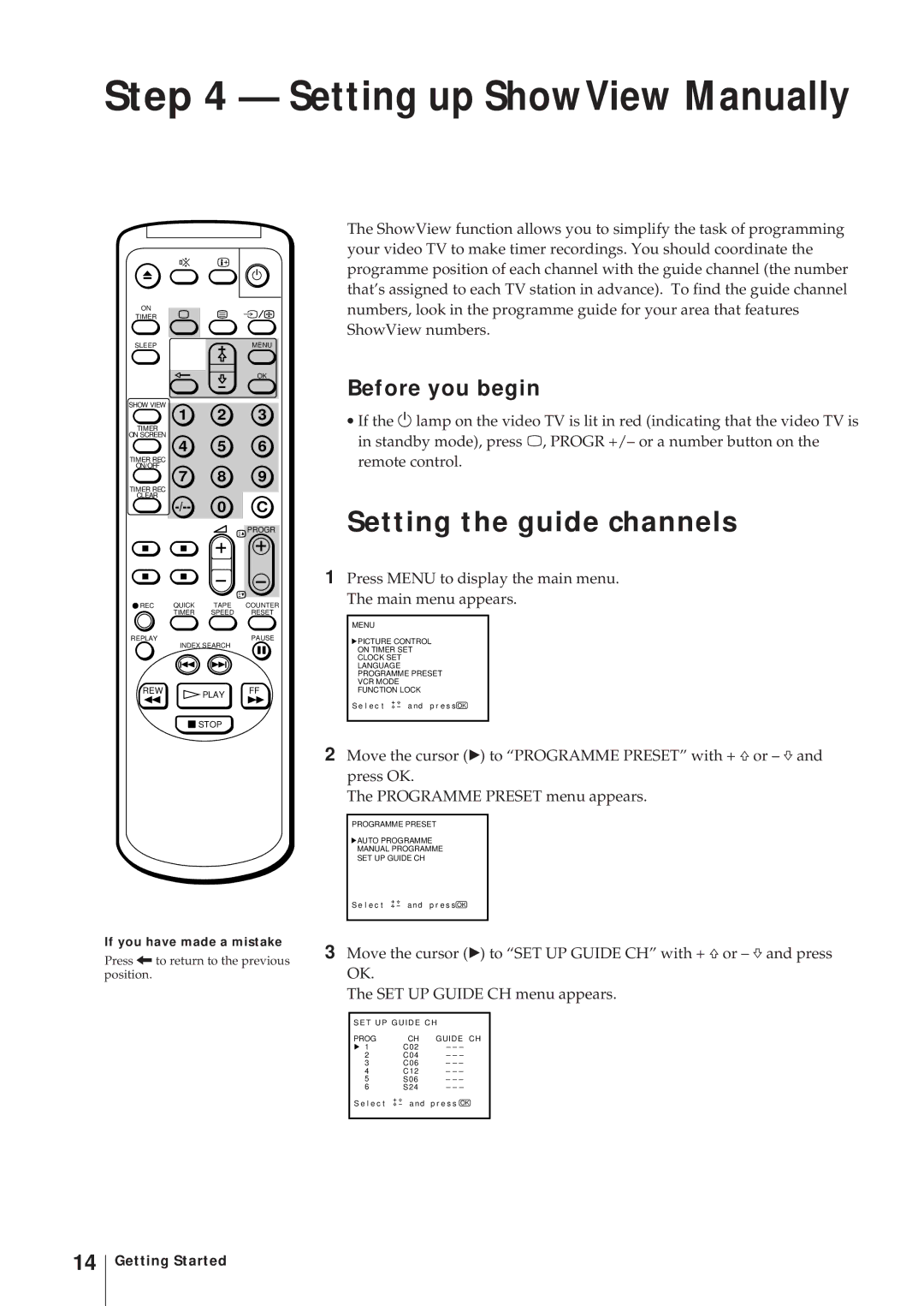 Sony KV-14V5D, KV-14V6D, KV-21V6D, KV-21V5D operating instructions Setting up ShowView Manually, Setting the guide channels 