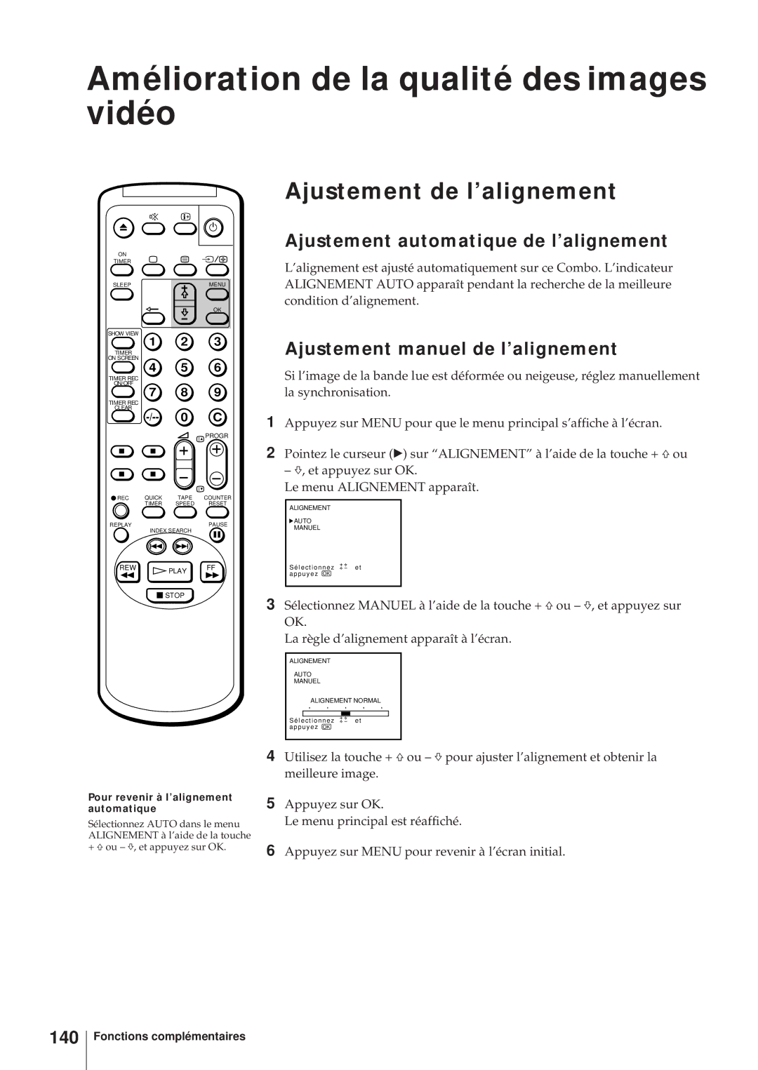 Sony KV-14V6D Amélioration de la qualité des images vidéo, Ajustement de l’alignement, Ajustement manuel de l’alignement 