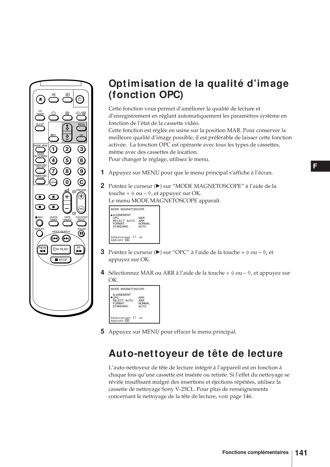 Sony KV-21V6D, KV-14V6D, KV-14V5D Optimisation de la qualité d’image fonction OPC, Auto-nettoyeur de tête de lecture, 141 