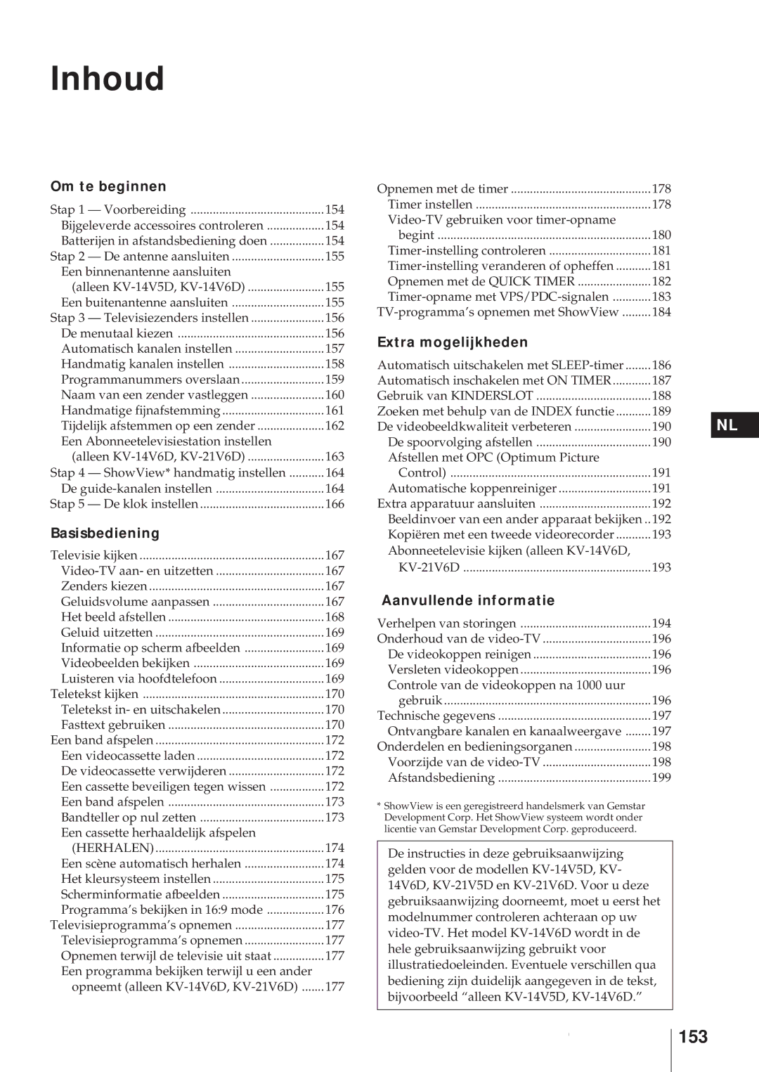 Sony KV-21V6D, KV-14V6D, KV-14V5D, KV-21V5D operating instructions Inhoud, 153 