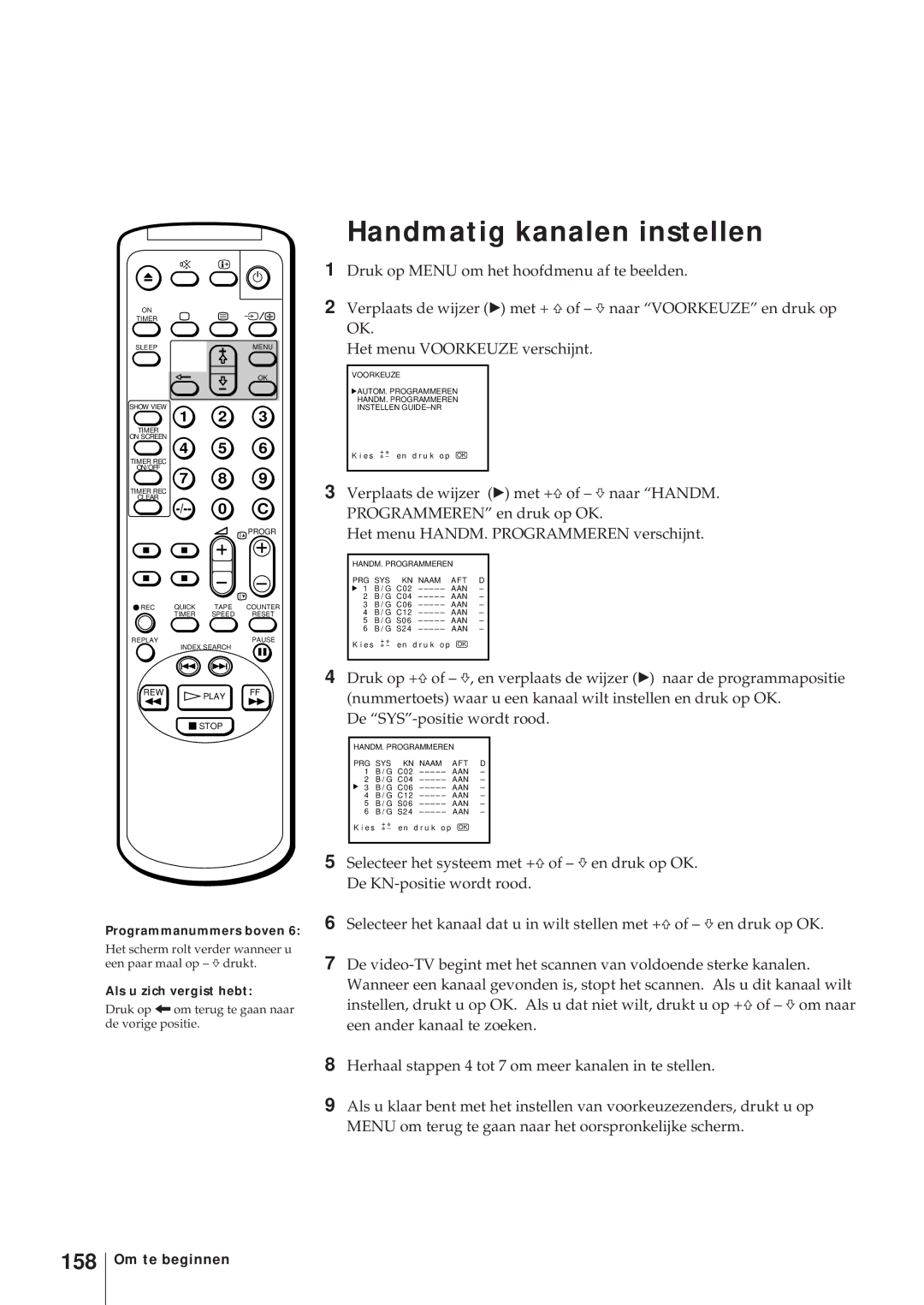 Sony KV-14V5D, KV-14V6D, KV-21V6D Handmatig kanalen instellen, 158, Programmanummers boven, Als u zich vergist hebt 