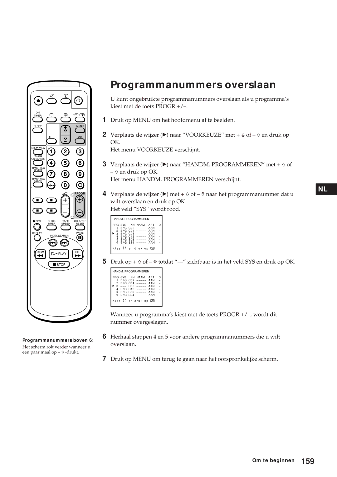 Sony KV-21V5D, KV-14V6D, KV-21V6D, KV-14V5D operating instructions Programmanummers overslaan, 159 