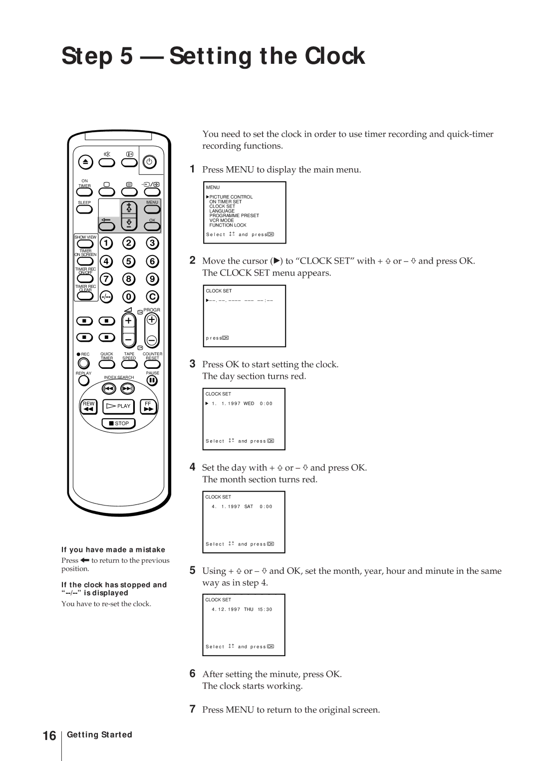 Sony KV-14V6D, KV-21V6D, KV-14V5D, KV-21V5D Setting the Clock, If the clock has stopped and --/-- is displayed 