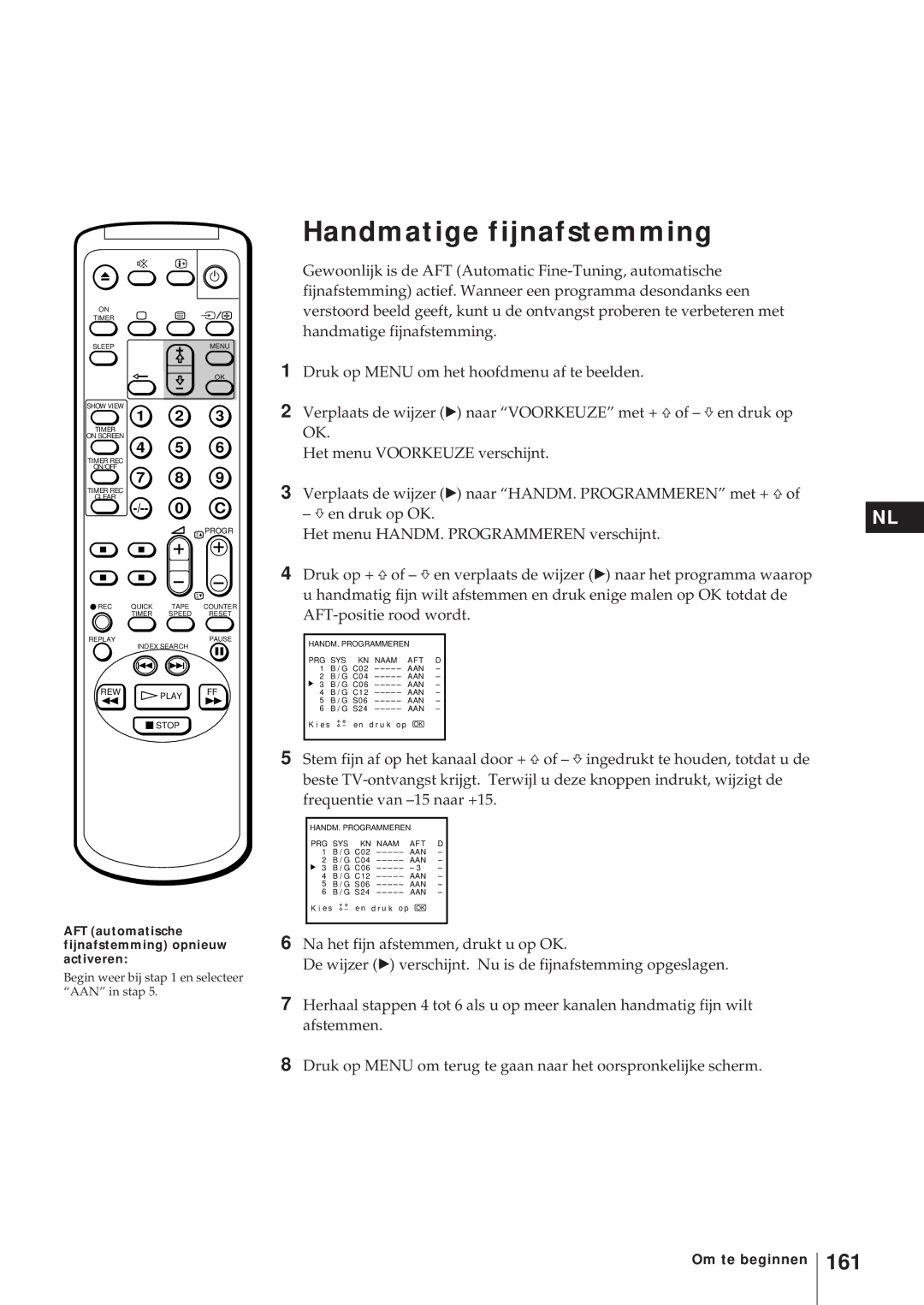 Sony KV-21V6D, KV-14V6D, KV-14V5D Handmatige fijnafstemming, 161, AFT automatische fijnafstemming opnieuw activeren 