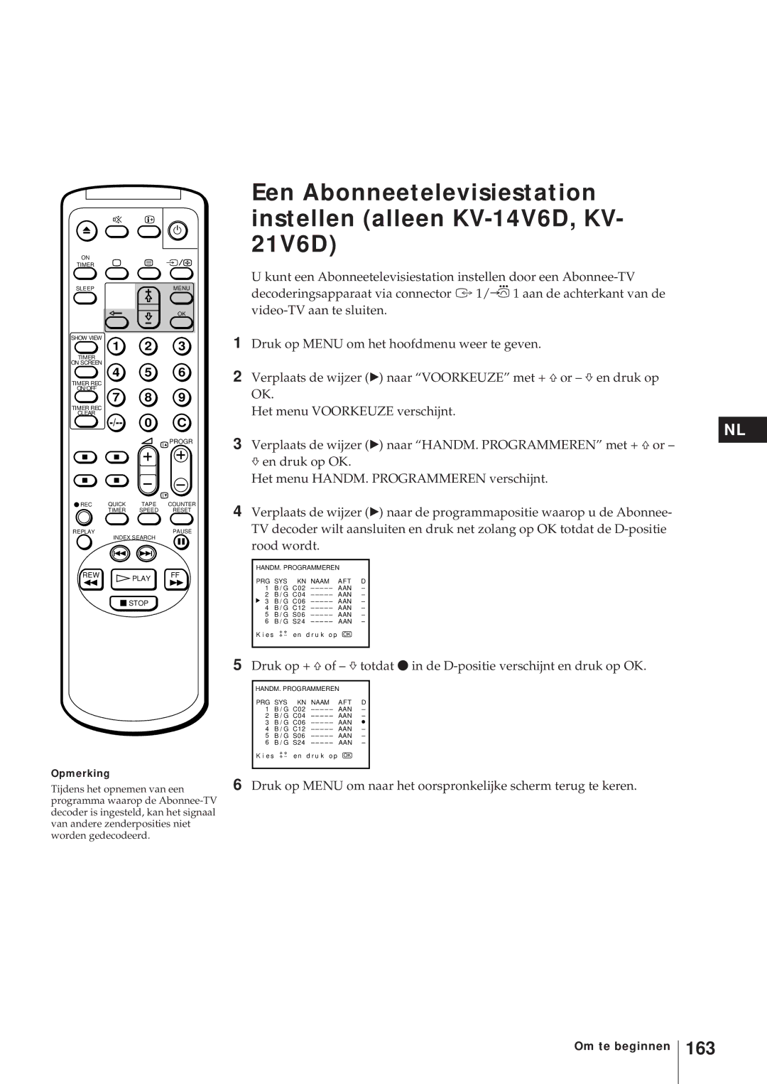 Sony KV-21V5D, KV-14V6D, KV-21V6D, KV-14V5D operating instructions 163, Opmerking 