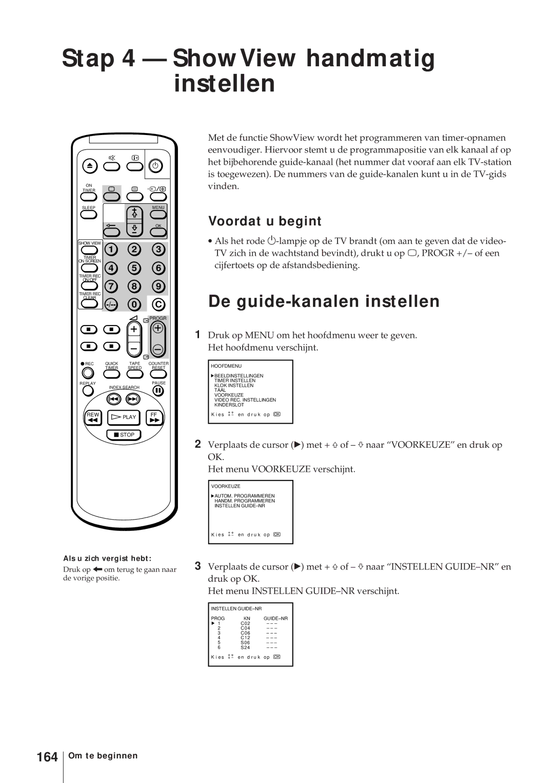 Sony KV-14V6D, KV-21V6D, KV-14V5D, KV-21V5D Stap 4 ShowView handmatig instellen, De guide-kanalen instellen, 164 