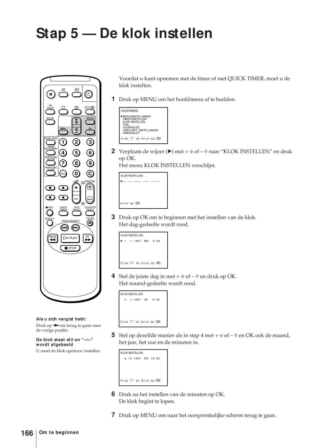 Sony KV-14V5D, KV-14V6D, KV-21V6D, KV-21V5D Stap 5 De klok instellen, 166, De klok staat stil en --/-- wordt afgebeeld 