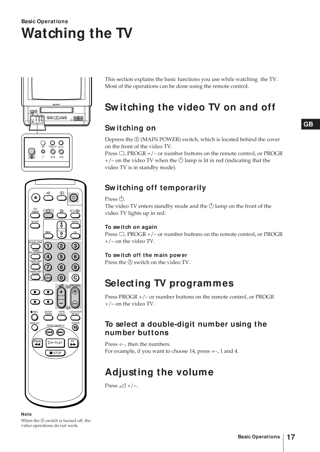 Sony KV-21V6D, KV-14V6D Watching the TV, Switching the video TV on and off, Selecting TV programmes, Adjusting the volume 