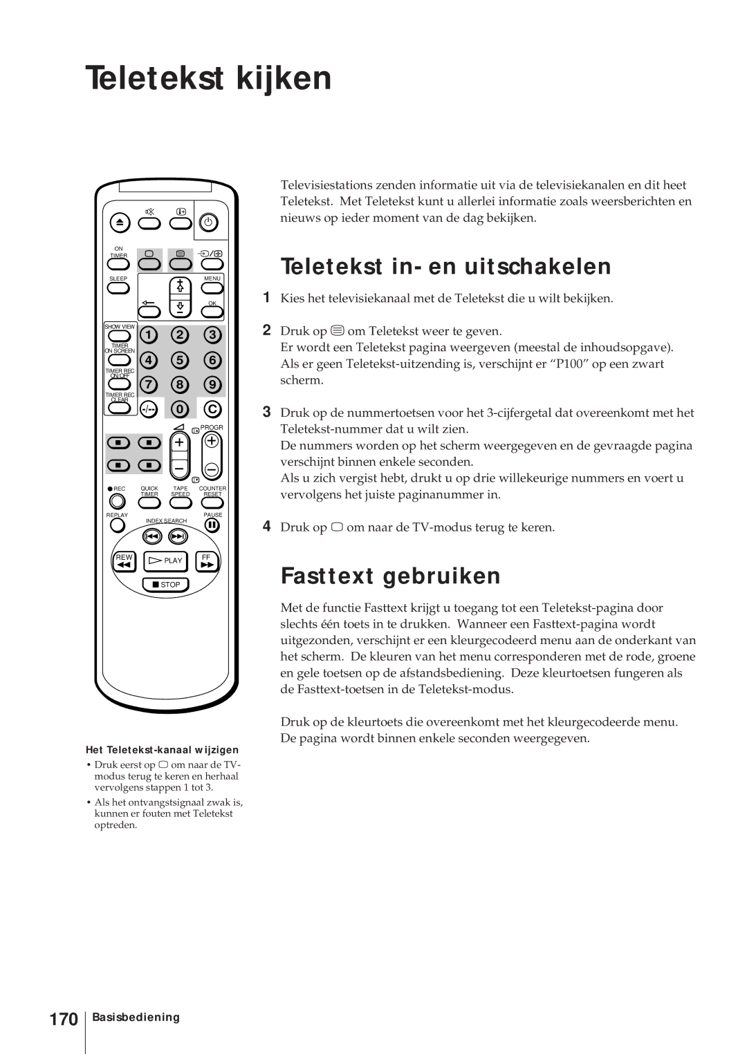 Sony KV-14V5D, KV-14V6D, KV-21V6D, KV-21V5D operating instructions Teletekst kijken, 170, Het Teletekst-kanaal wijzigen 