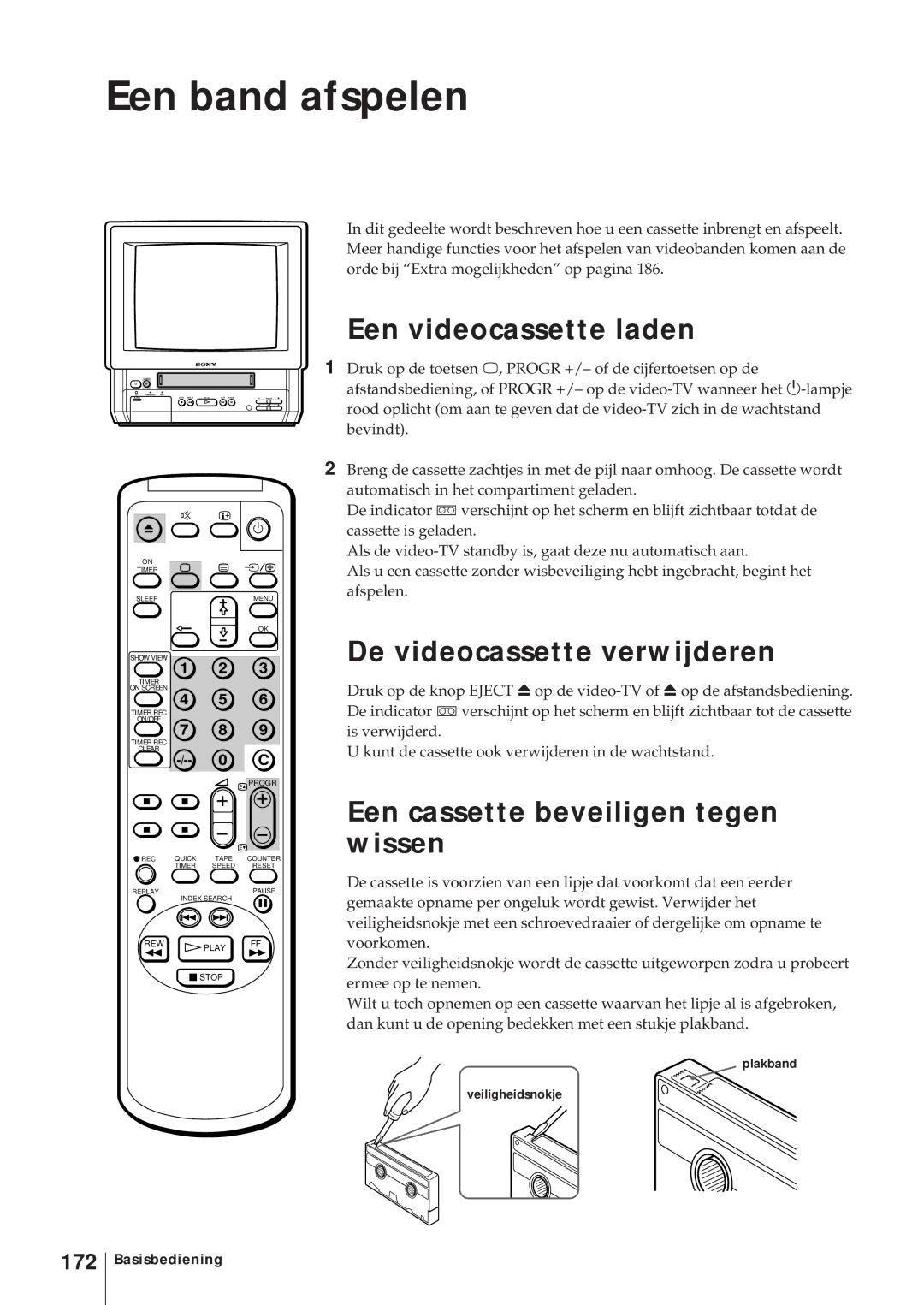 Sony KV-14V6D, KV-21V6D, KV-14V5D, KV-21V5D Een band afspelen, Een videocassette laden, De videocassette verwijderen, 172 