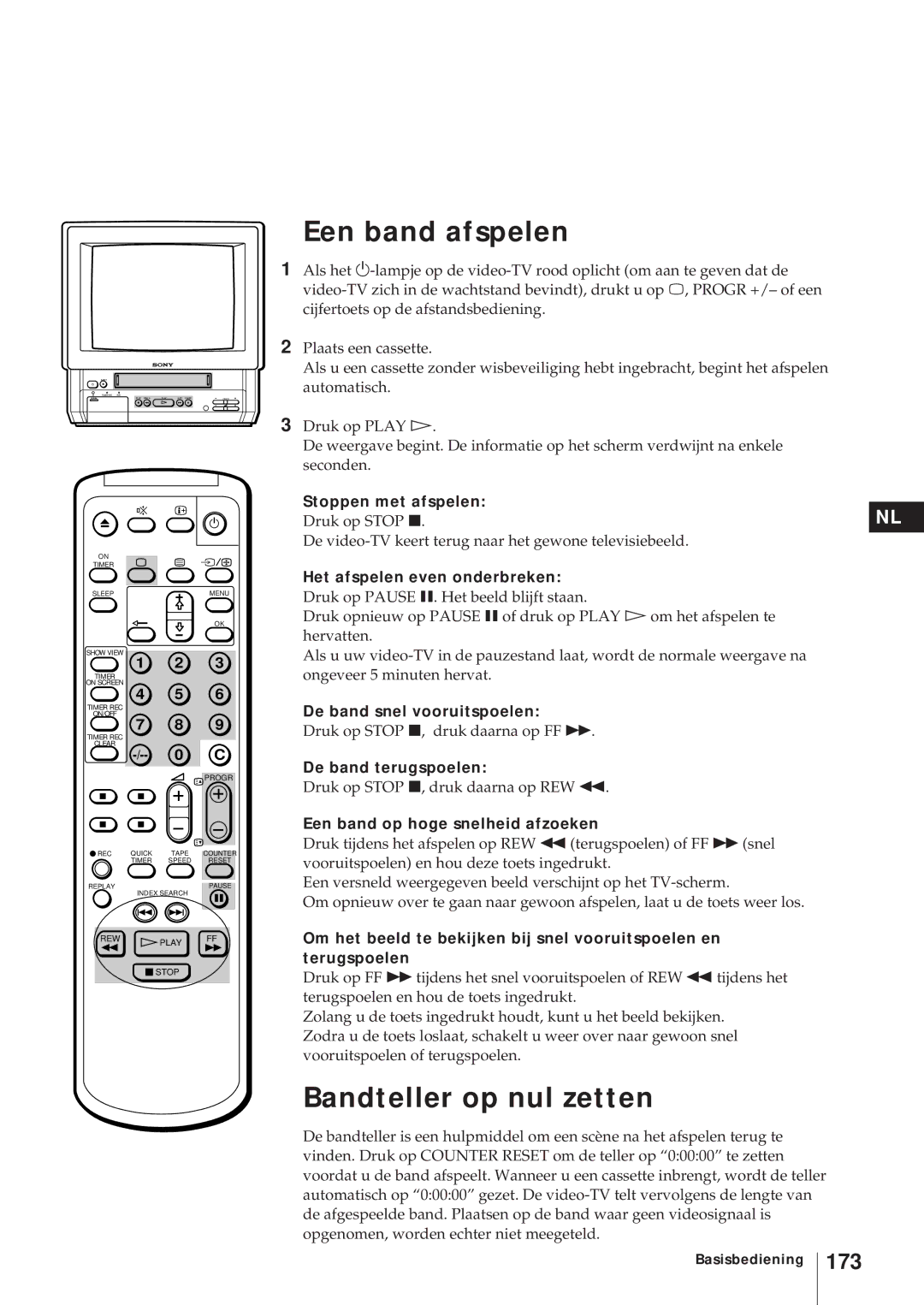 Sony KV-21V6D, KV-14V6D, KV-14V5D, KV-21V5D operating instructions Een band afspelen, Bandteller op nul zetten, 173 