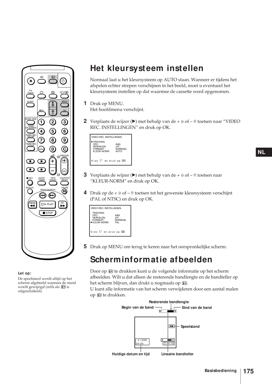 Sony KV-21V5D, KV-14V6D, KV-21V6D, KV-14V5D operating instructions Het kleursysteem instellen, Scherminformatie afbeelden, 175 