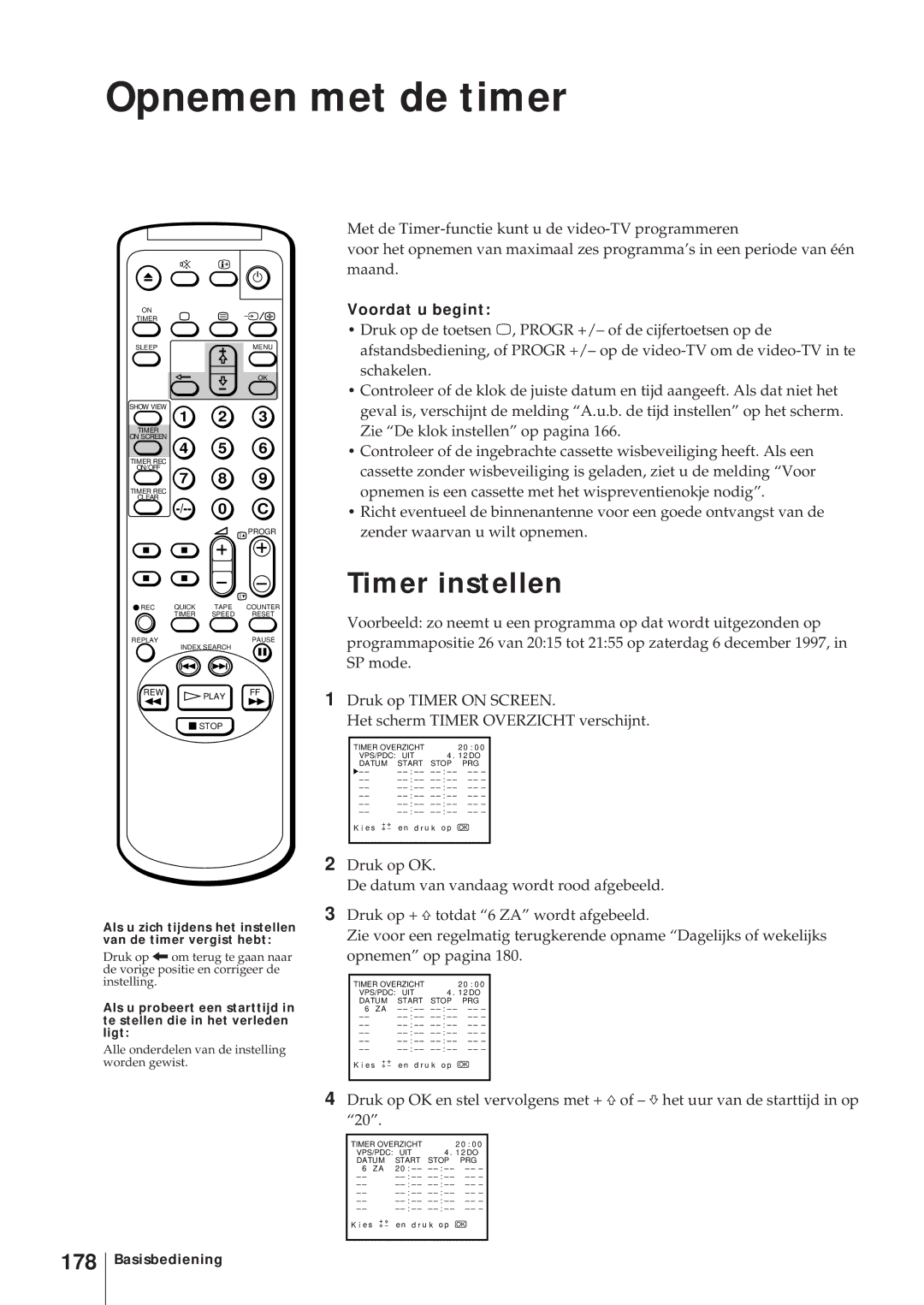 Sony KV-14V5D, KV-14V6D, KV-21V6D, KV-21V5D Opnemen met de timer, Timer instellen, 178, Voordat u begint 