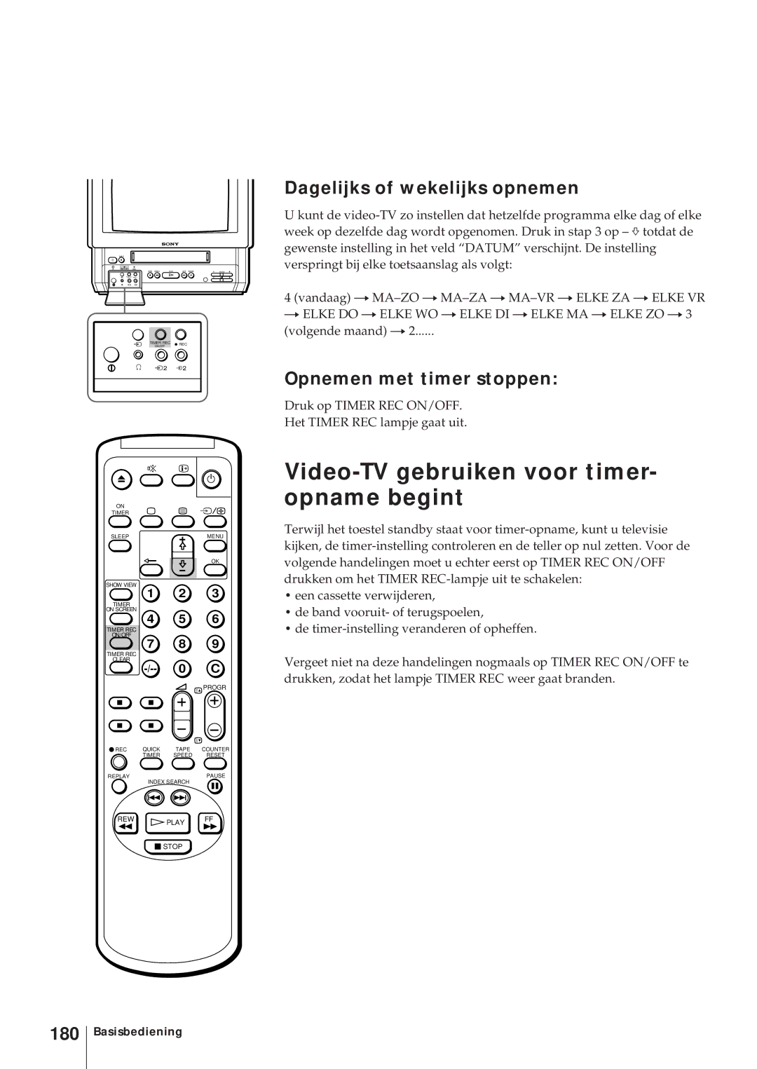 Sony KV-14V6D Video-TV gebruiken voor timer- opname begint, Dagelijks of wekelijks opnemen, Opnemen met timer stoppen, 180 